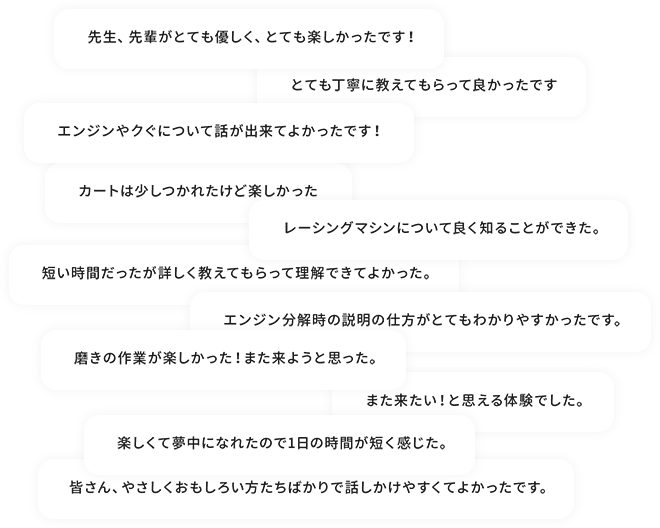 ・先生、先輩がとても優しく、とても楽しかったです ・とても丁寧に教えてもらって良かったです ・エンジンやクグについて話ができて良かったです ・レーシングマシンについて良く知ることが出来た ・カートは少し疲れたけど楽しかった ・短い時間だったが詳しく教えてもらって理解できてよかった ・また来たいと思える体験でした
